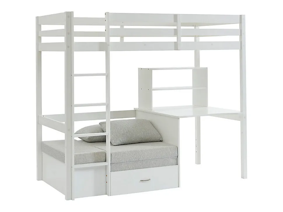 Lit mezzanine 90 x 200 cm avec bureau, sofa convertible et rangements - Pin et MDF - Blanc - GOLIATH III