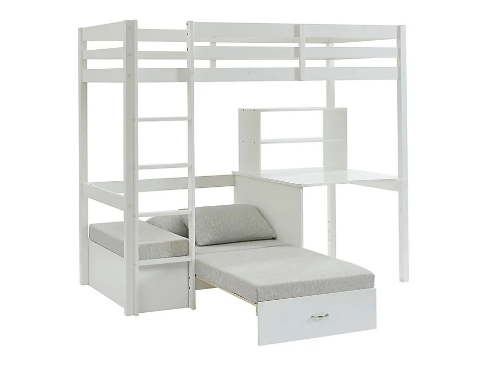 Lit mezzanine 90 x 200 cm avec bureau, sofa convertible et rangements - Pin et MDF - Blanc - GOLIATH III