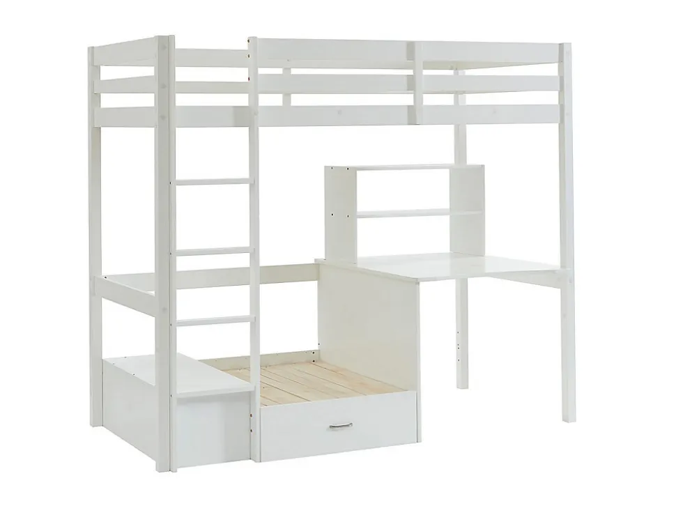 Lit mezzanine 90 x 200 cm avec bureau, sofa convertible et rangements - Pin et MDF - Blanc - GOLIATH III