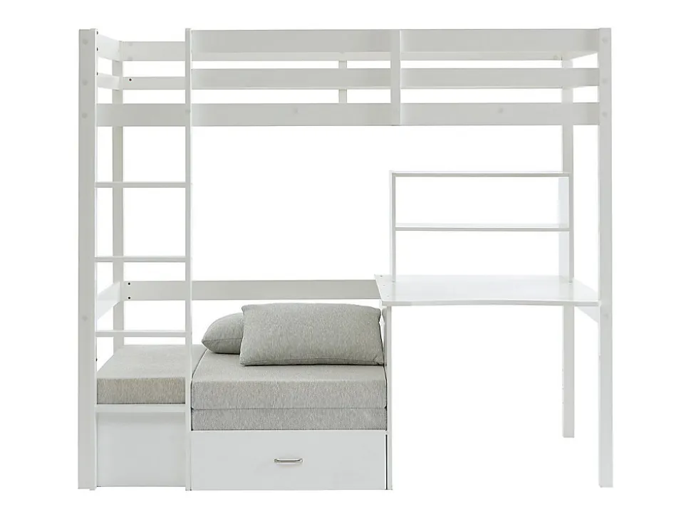 Lit mezzanine 90 x 200 cm avec bureau, sofa convertible et rangements - Pin et MDF - Blanc - GOLIATH III