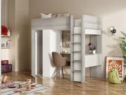 Lit mezzanine 90 x 200 cm avec armoire et bureau - Naturel grisé et blanc + Matelas - NICOLAS
