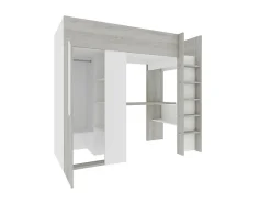 Lit mezzanine 90 x 200 cm avec armoire et bureau - Naturel grisé et blanc + Matelas - NICOLAS