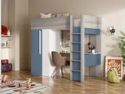 Lit mezzanine 90 x 200 cm avec armoire et bureau - Bleu et blanc - NICOLAS