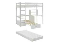Lit mezzanine 90 x 200 cm avec bureau, sofa convertible et rangements - Pin massif - Blanchi + Matelas - GOLIATH III