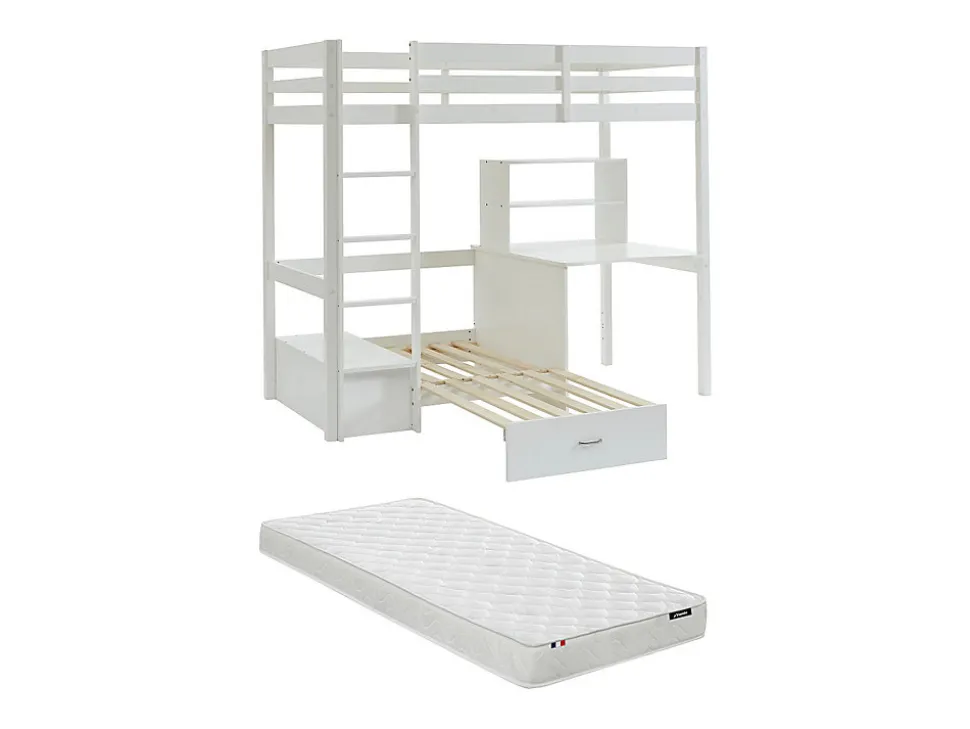 Lit mezzanine 90 x 200 cm avec bureau, sofa convertible et rangements - Pin massif - Blanchi + Matelas - GOLIATH III