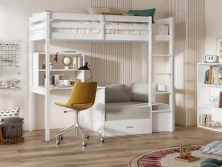 Lit mezzanine 90 x 200 cm avec bureau, sofa convertible et rangements - Pin massif - Blanchi + Matelas - GOLIATH III