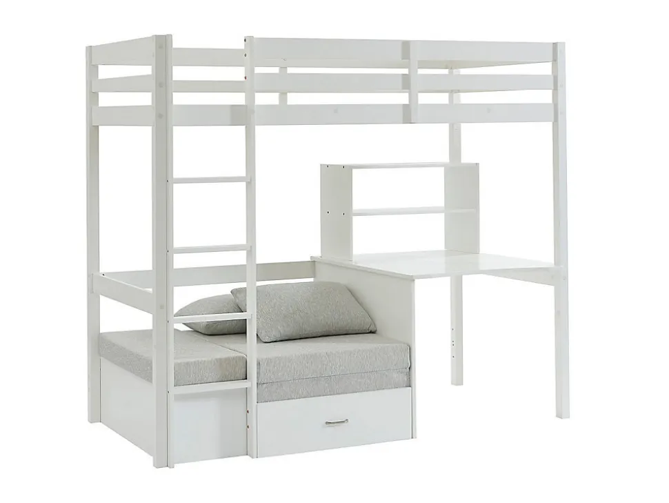 Lit mezzanine 90 x 200 cm avec bureau, sofa convertible et rangements - Pin massif - Blanchi + Matelas - GOLIATH III