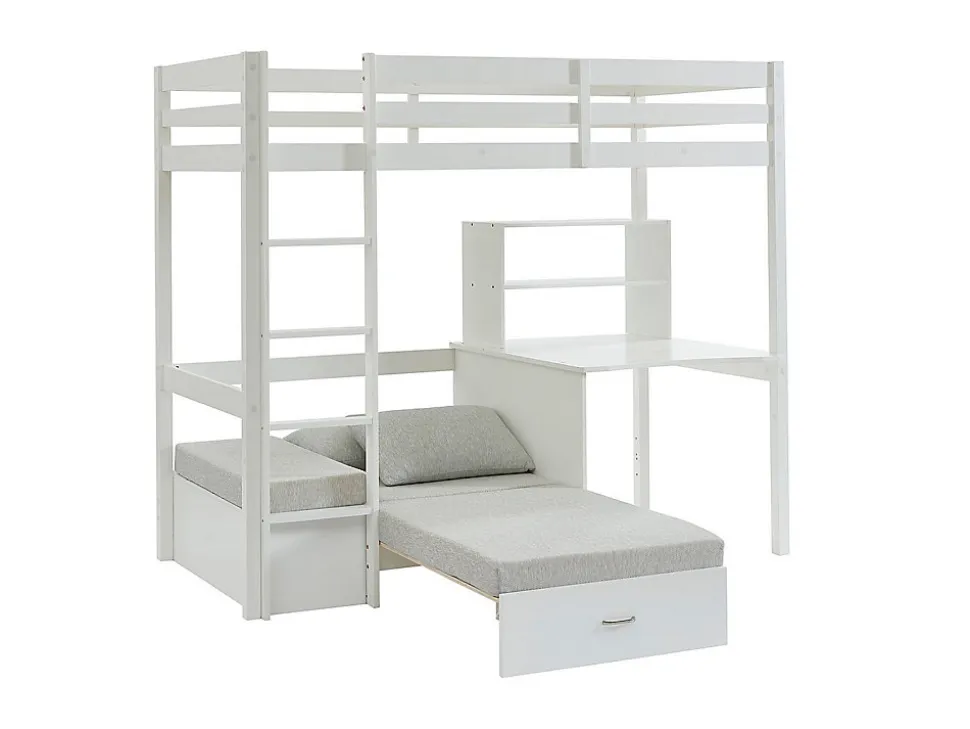 Lit mezzanine 90 x 200 cm avec bureau, sofa convertible et rangements - Pin massif - Blanchi + Matelas - GOLIATH III