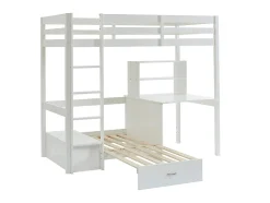 Lit mezzanine 90 x 200 cm avec bureau, sofa convertible et rangements - Pin massif - Blanchi + Matelas - GOLIATH III