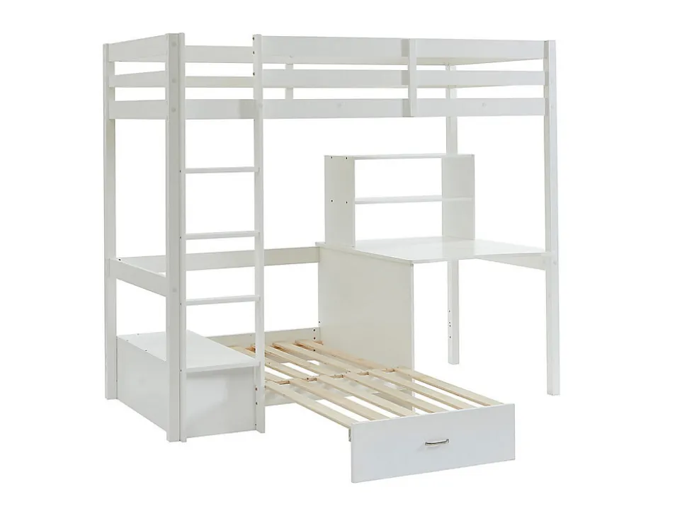 Lit mezzanine 90 x 200 cm avec bureau, sofa convertible et rangements - Pin massif - Blanchi + Matelas - GOLIATH III