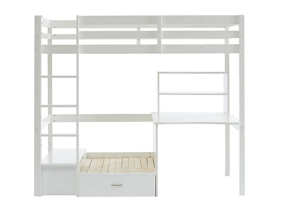 Lit mezzanine 90 x 200 cm avec bureau, sofa convertible et rangements - Pin massif - Blanchi + Matelas - GOLIATH III