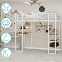 Lit Mezzanine Ado 90x190 cm - avec Bureau et Échelle Montable Gauche Droite, Garde-Corps, Structure en Métal, sans Matelas, Blanc