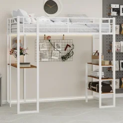 Lit Mezzanine Ado 90x190 cm - avec Bureau et Échelle Montable Gauche Droite, Garde-Corps, Structure en Métal, sans Matelas, Blanc