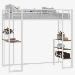 Lit Mezzanine Ado 90x190 cm - avec Bureau et Échelle Montable Gauche Droite, Garde-Corps, Structure en Métal, sans Matelas, Blanc