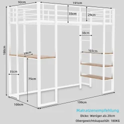 Lit Mezzanine Ado 90x190 cm - avec Bureau et Échelle Montable Gauche Droite, Garde-Corps, Structure en Métal, sans Matelas, Blanc