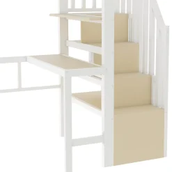 Lit Mezzanine Ado 90x200 cm - avec LED Intégrée, Bureau et Compartiment de Rangement - Escalier de Rangement - Métal + MDF - Blanc