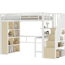 Lit Mezzanine Ado 90x200 cm - avec LED Intégrée, Bureau et Compartiment de Rangement - Escalier de Rangement - Métal + MDF - Blanc