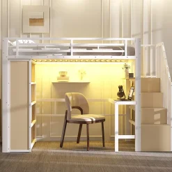 Lit Mezzanine Ado 90x200 cm - avec LED Intégrée, Bureau et Compartiment de Rangement - Escalier de Rangement - Métal + MDF - Blanc