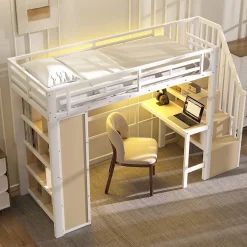 Lit Mezzanine Ado 90x200 cm - avec LED Intégrée, Bureau et Compartiment de Rangement - Escalier de Rangement - Métal + MDF - Blanc