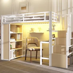 Lit Mezzanine Ado 90x200 cm - avec LED Intégrée, Bureau et Compartiment de Rangement - Escalier de Rangement - Métal + MDF - Blanc