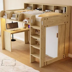Lit Mezzanine Ado 90x200 cm - Bureau et Armoire Intégrés, LED et Prise Électrique - Sommier Inclus - Sans Matelas - Bois Naturel