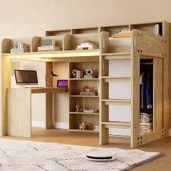 Lit Mezzanine Ado 90x200 cm - Bureau et Armoire Intégrés, LED et Prise Électrique - Sommier Inclus - Sans Matelas - Bois Naturel