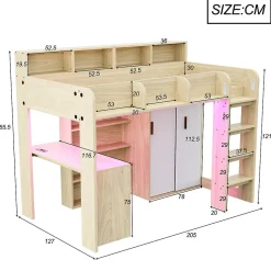 Lit Mezzanine Ado 90x200 cm - Bureau et Armoire Intégrés, LED et Prise Électrique - Sommier Inclus - Sans Matelas - Bois Naturel