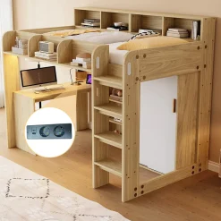 Lit Mezzanine Ado 90x200 cm - Bureau et Armoire Intégrés, LED et Prise Électrique - Sommier Inclus - Sans Matelas - Bois Naturel