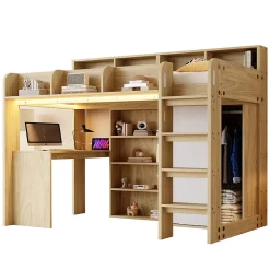 Lit Mezzanine Ado 90x200 cm - Bureau et Armoire Intégrés, LED et Prise Électrique - Sommier Inclus - Sans Matelas - Bois Naturel