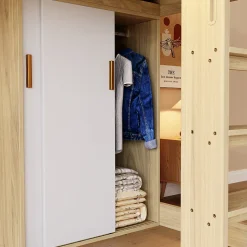 Lit Mezzanine Ado 90x200 cm - Bureau et Armoire Intégrés, LED et Prise Électrique - Sommier Inclus - Sans Matelas - Bois Naturel