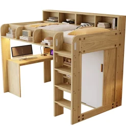 Lit Mezzanine Ado 90x200 cm - Bureau et Armoire Intégrés, LED et Prise Électrique - Sommier Inclus - Sans Matelas - Bois Naturel