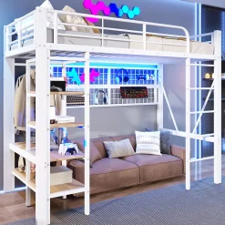 Lit Mezzanine Ado 90x200 cm - LED Intégrée, Étagères et Rangements avec Portant Vêtements, Structure Métal/MDF, Blanc