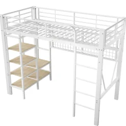 Lit Mezzanine Ado 90x200 cm - LED Intégrée, Étagères et Rangements avec Portant Vêtements, Structure Métal/MDF, Blanc