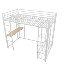 Lit mezzanine ado 90x200 cm avec bureau intégré, échelle et rangement pratique - structure métal et MDF robuste blanc