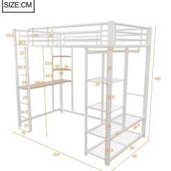Lit mezzanine ado 90x200 cm avec bureau intégré, échelle et rangement pratique - structure métal et MDF robuste blanc