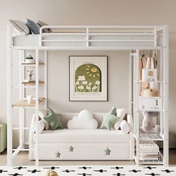 Lit mezzanine ado 90x200 cm avec bureau intégré, échelle et rangement pratique - structure métal et MDF robuste blanc