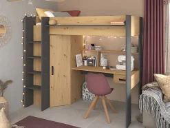Lit mezzanine avec bureau et armoire - 90 x 200 cm - Coloris : Chêne et anthracite + matelas - AUCKLAND