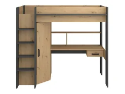 Lit mezzanine avec bureau et armoire - 90 x 200 cm - Coloris : Chêne et anthracite + matelas - AUCKLAND