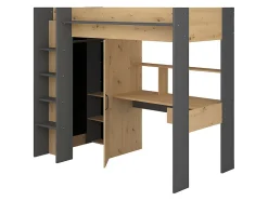 Lit mezzanine avec bureau et armoire - 90 x 200 cm - Coloris : Chêne et anthracite + matelas - AUCKLAND