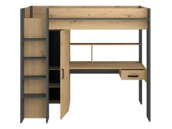 Lit mezzanine avec bureau et armoire - 90 x 200 cm - Coloris : Chêne et anthracite + matelas - AUCKLAND