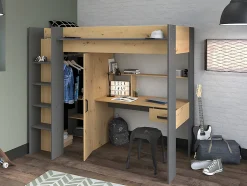 Lit mezzanine avec bureau et armoire - 90 x 200 cm - Coloris : Naturel et anthracite - AUCKLAND