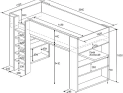Lit mezzanine avec bureau et rangements intégrés - 90 x 200 cm - Chêne et blanc - NOAH II