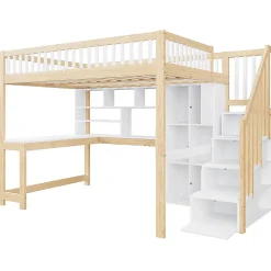 Lit mezzanine avec éclairage LED,140x200cm,blanc et naturel, échelle, étagères, bureau