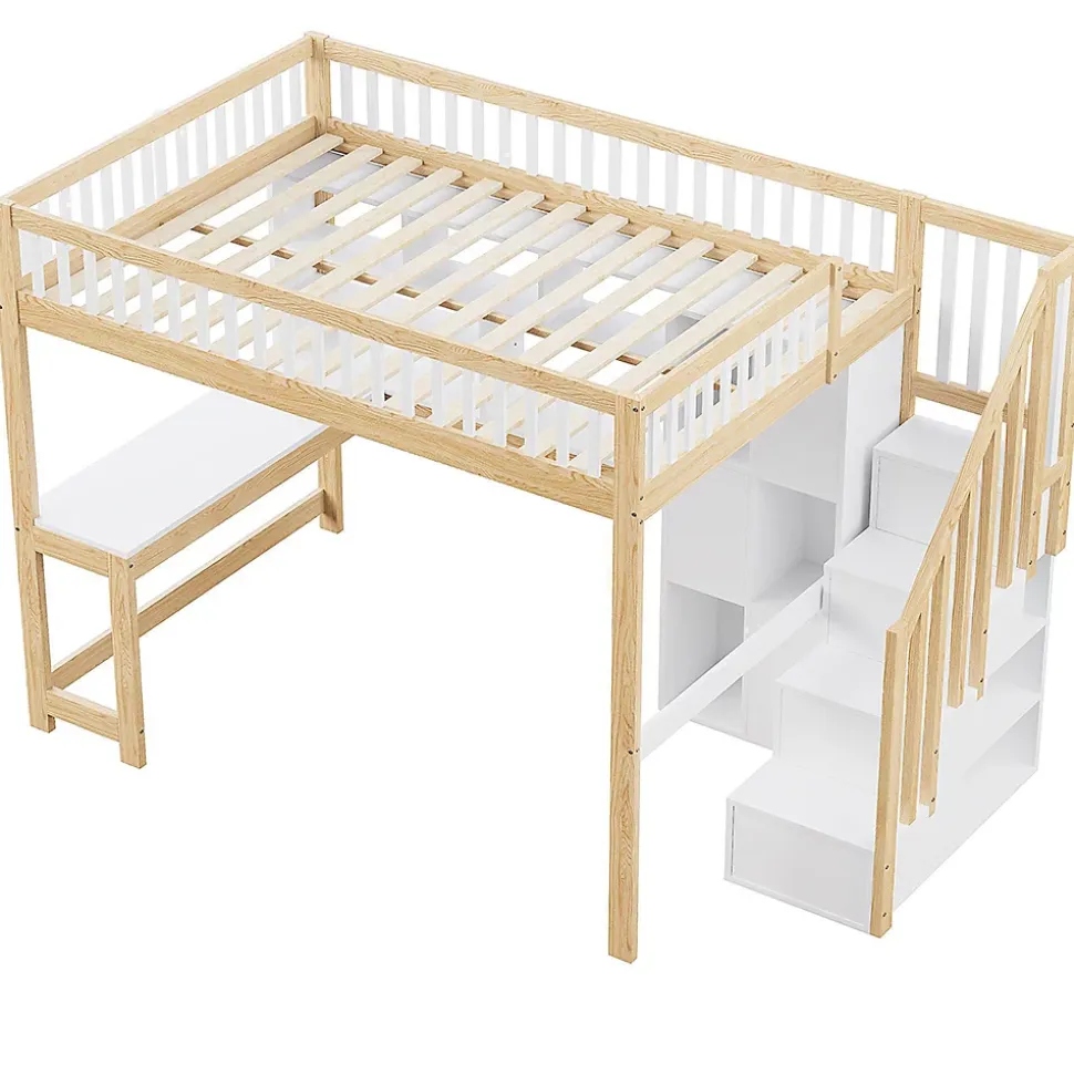 Lit mezzanine avec éclairage LED,140x200cm,blanc et naturel, échelle, étagères, bureau