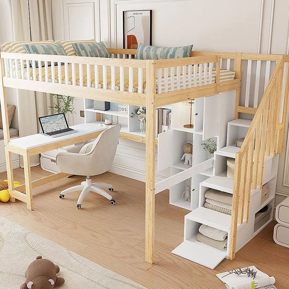 Lit mezzanine avec éclairage LED,140x200cm,blanc et naturel, échelle, étagères, bureau