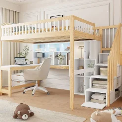 Lit mezzanine avec éclairage LED,140x200cm,blanc et naturel, échelle, étagères, bureau