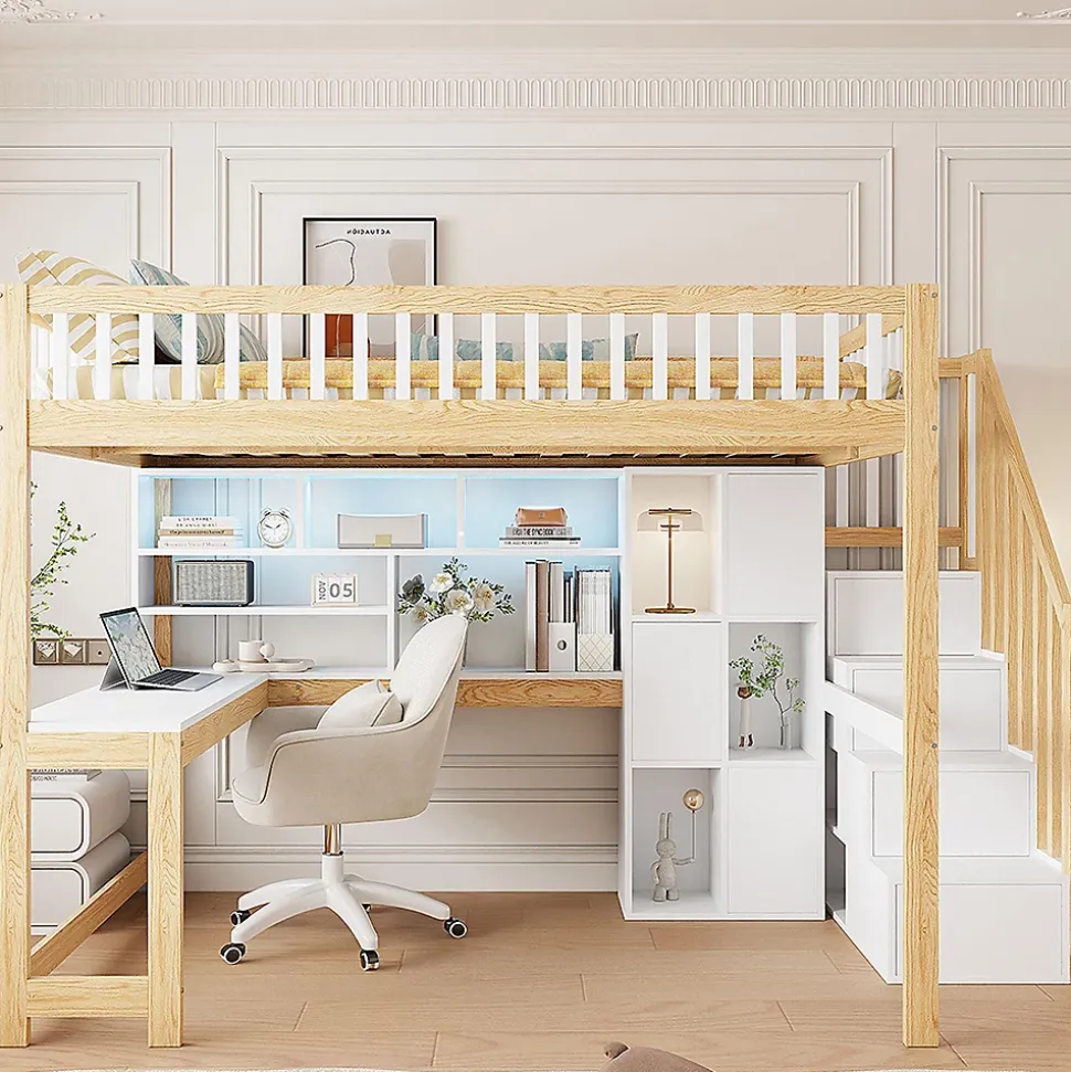 Lit mezzanine avec éclairage LED,140x200cm,blanc et naturel, échelle, étagères, bureau