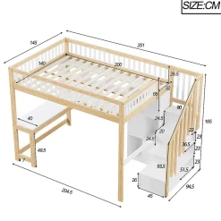 Lit mezzanine avec éclairage LED,140x200cm,blanc et naturel, échelle, étagères, bureau