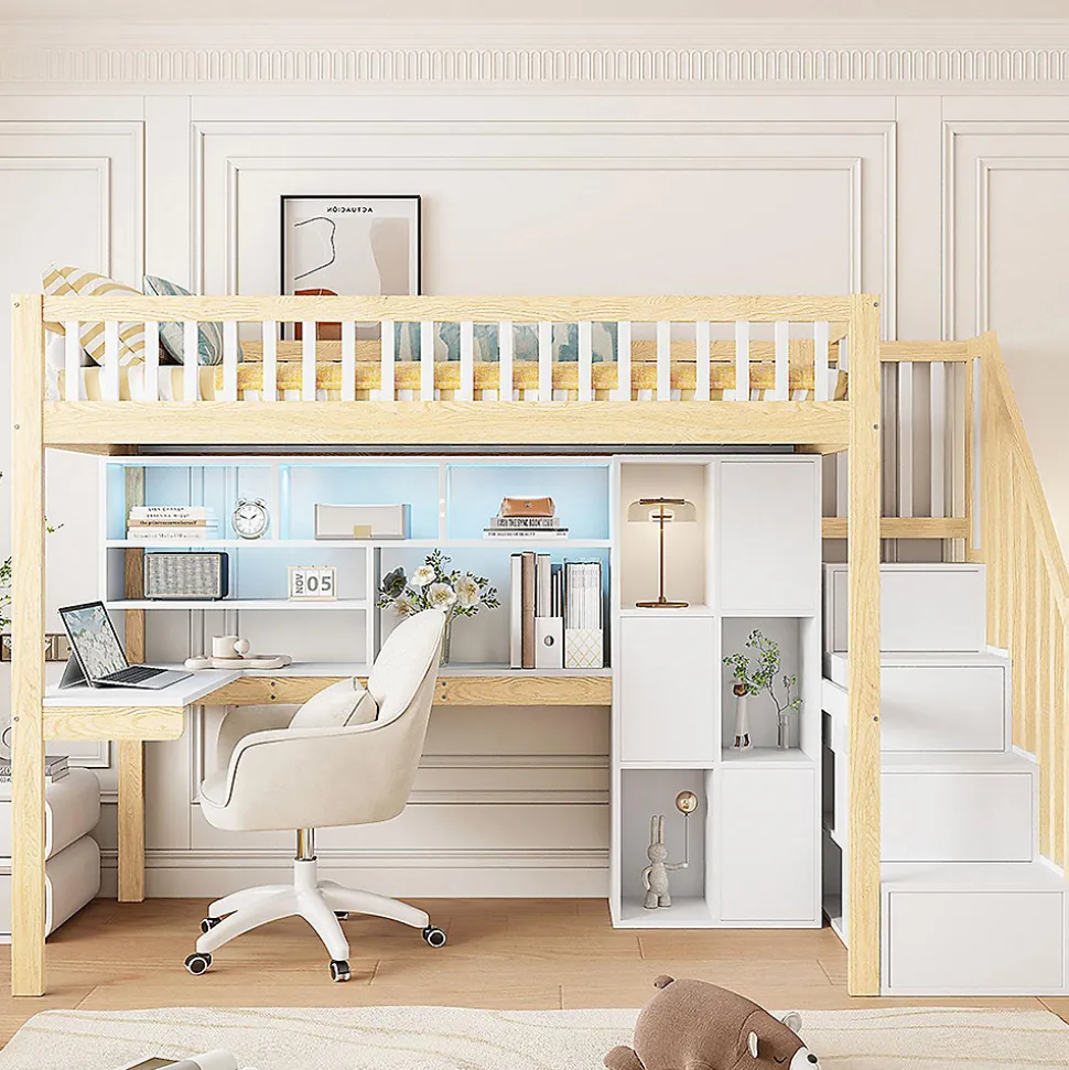 Lit mezzanine avec éclairage LED et bureau,90x200cm,blanc et naturel,échelle et étagères de rangement