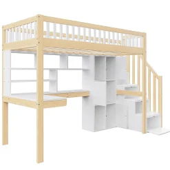 Lit mezzanine avec éclairage LED et bureau,90x200cm,blanc et naturel,échelle et étagères de rangement